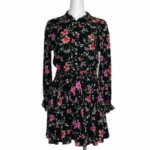 Free People Lighten Up Mini Shirt Dress XS Black Floral Long Sleeve Pockets Boho
